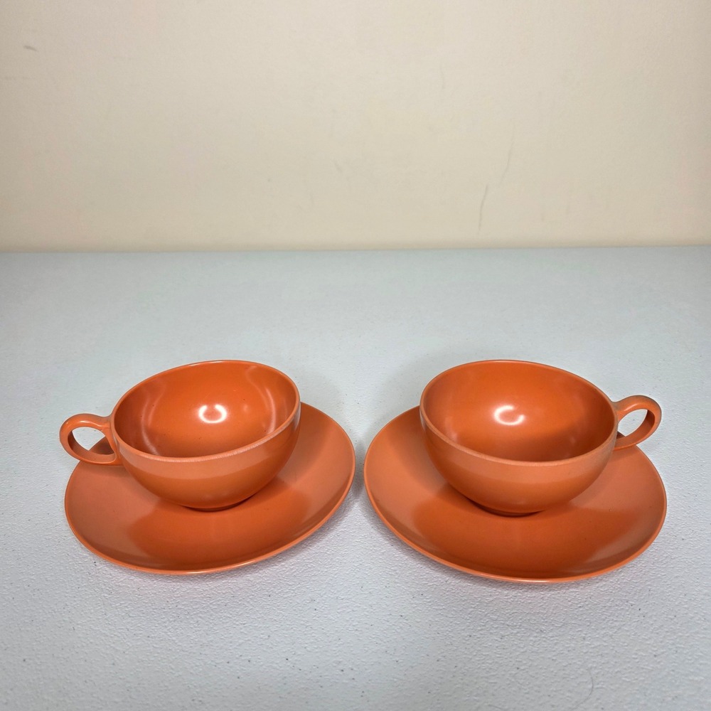 Vintage 60s Oneida Deluxe Melanine Coffee Tea Cup Saucer Set 2pc Orange Retro